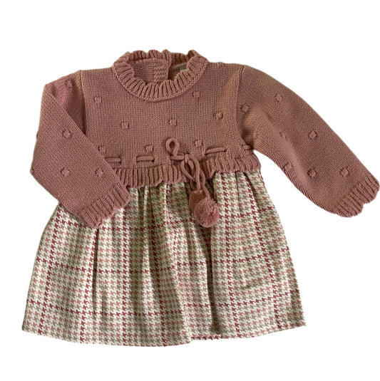 Sardon Baby Girl's Dusty Pink Popcorn Knit Dress with Houndstooth Skirt