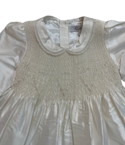 hand smocked and embroidered heirloom christening robe and bonnet with long sleeves in 100% silk