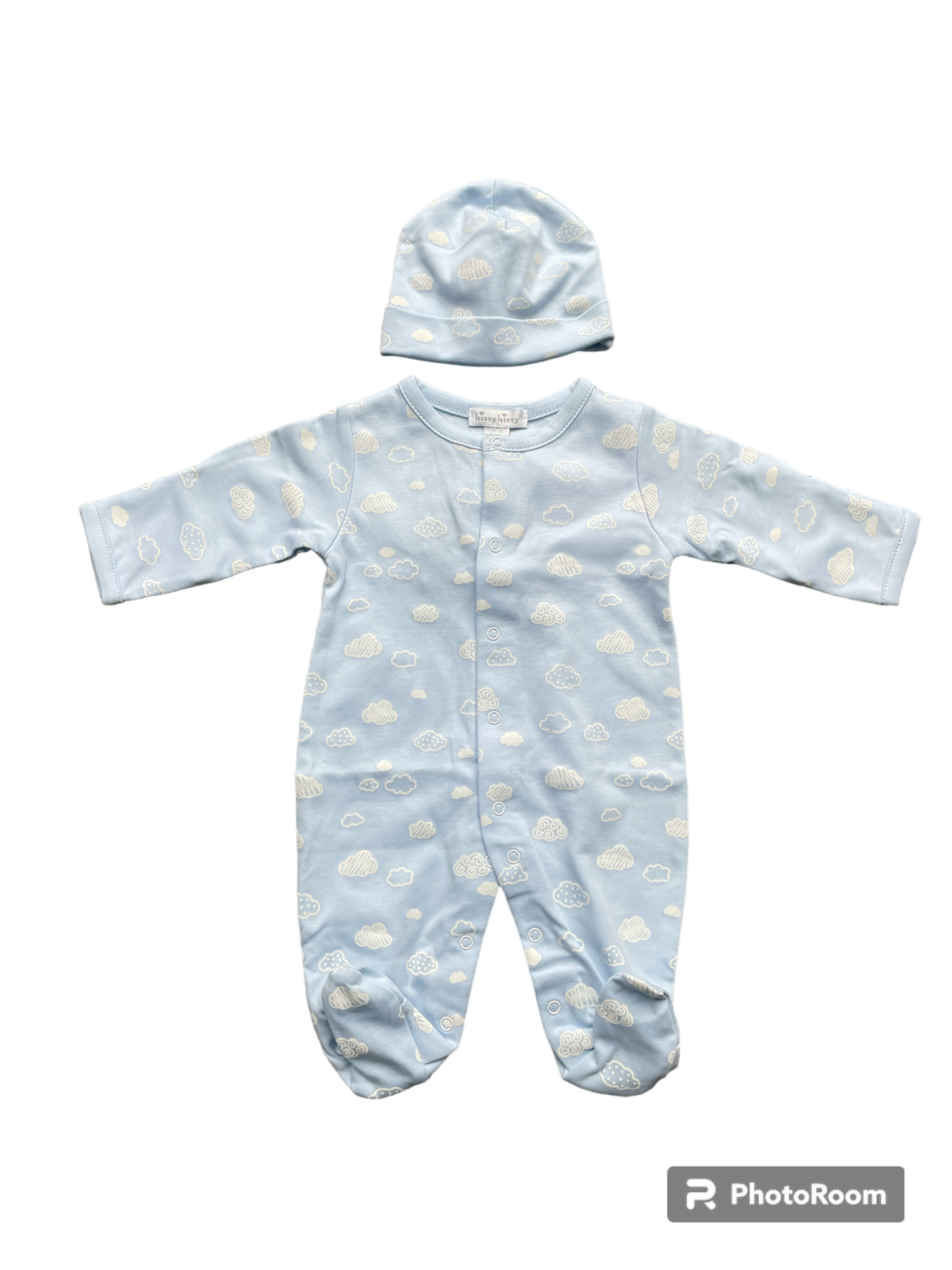 Kissy Kissy Prem Baby Boy's Blue with White Clouds Babygrow and Hat