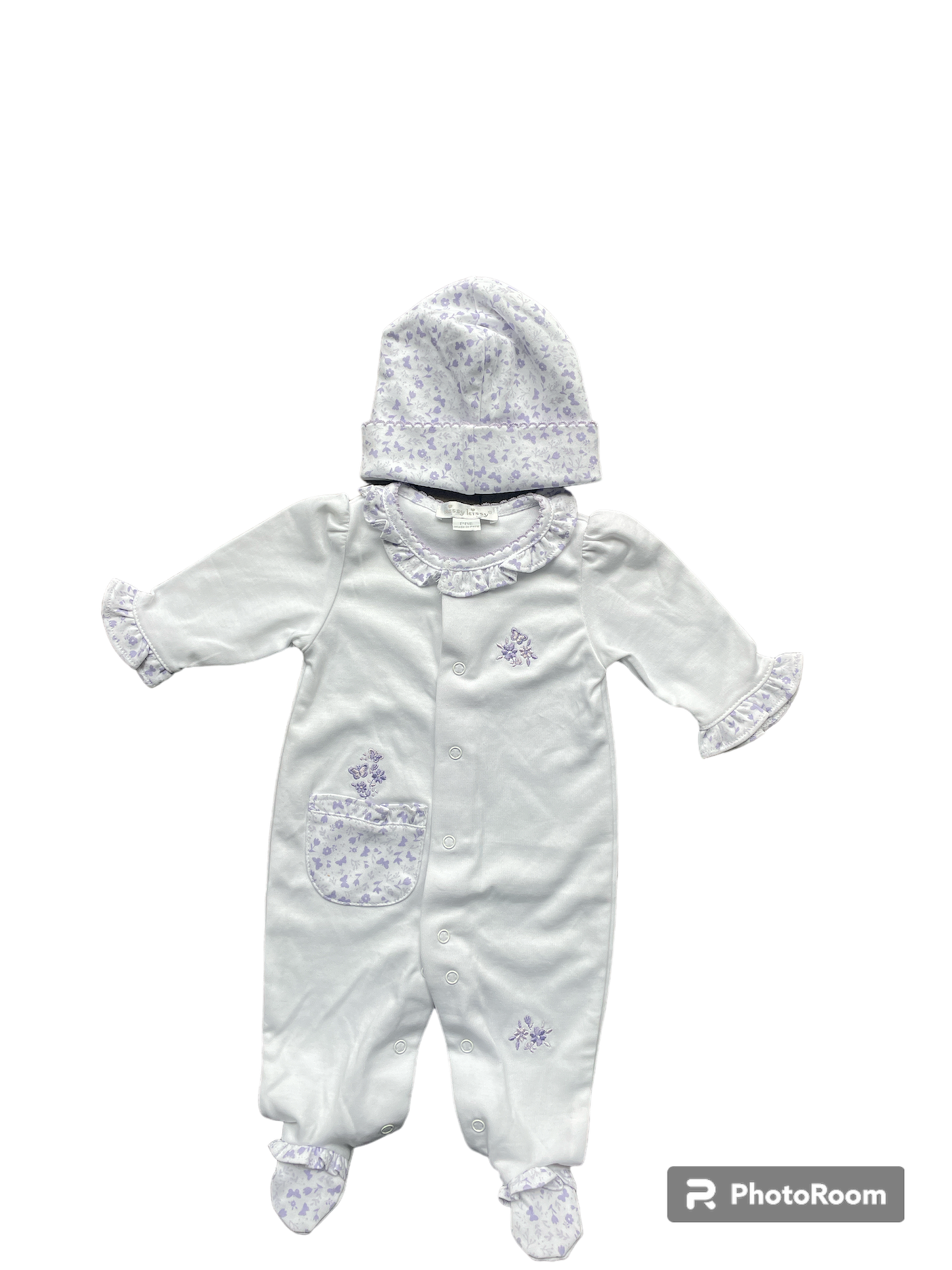 Kissy Kissy Baby Girl's Prem White and Lilac Butterfly Embroidered Babygrow