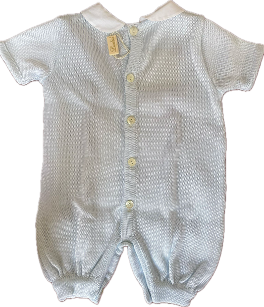 Ladia Baby Boy's Pale Blue/White Short Sleeve Romper With Diamonte Teddy & Lace