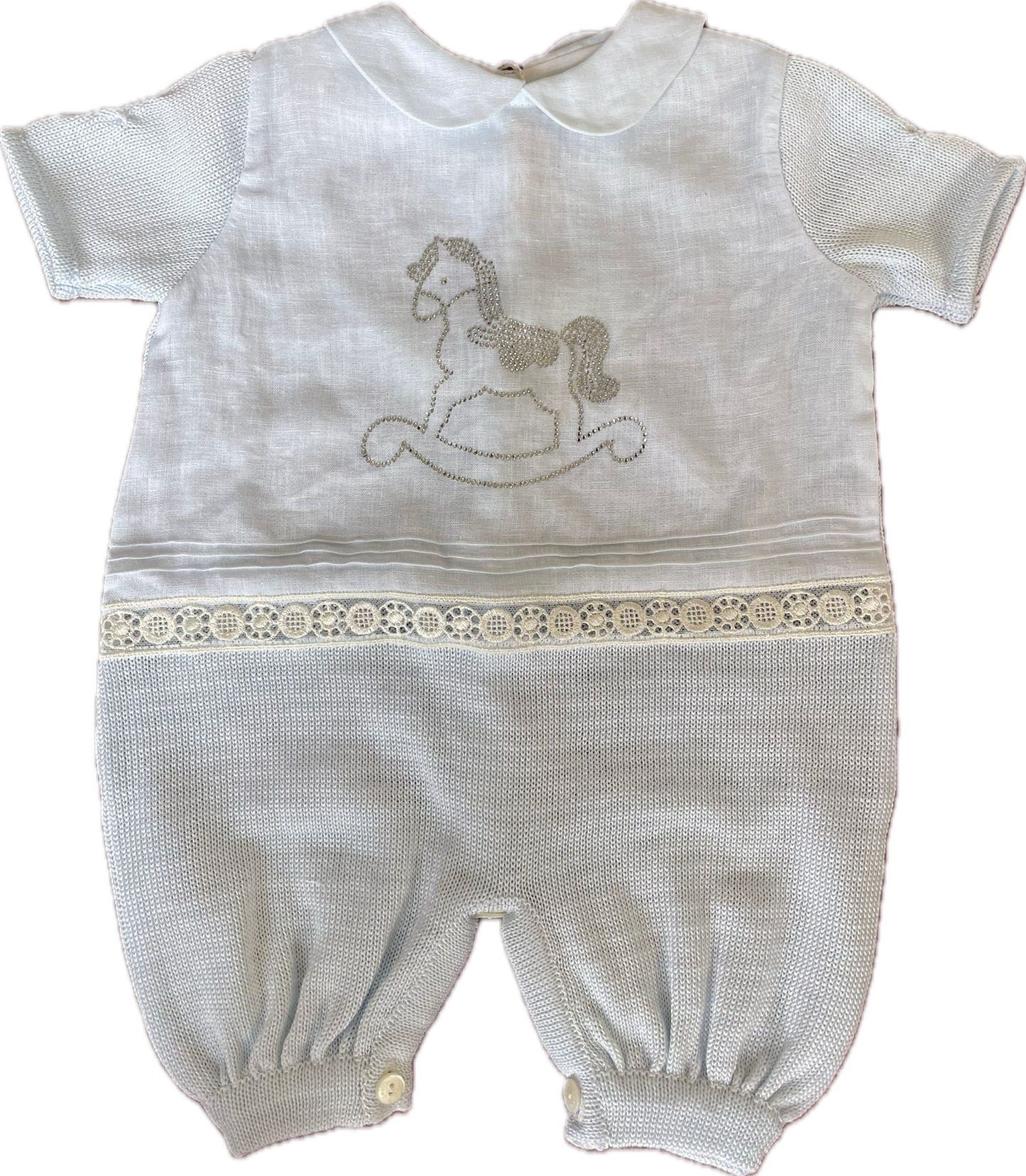 Ladia Baby Boy's Pale Blue Short Sleeve Romper With Linen & Diamonte Rocking Horse