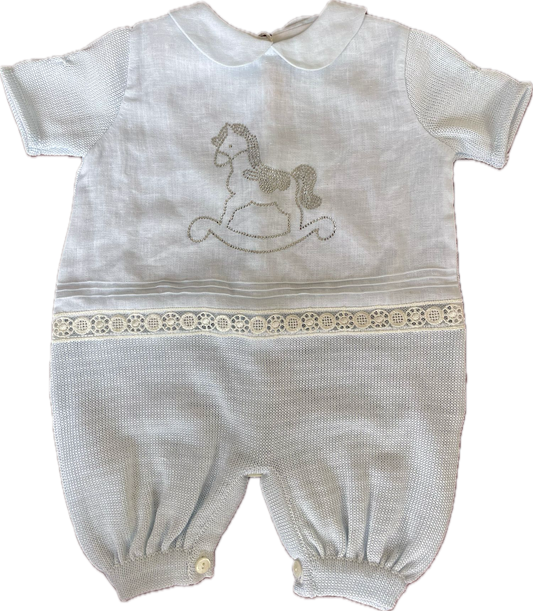 Ladia Baby Boy's Pale Blue Short Sleeve Romper With Linen & Diamonte Rocking Horse
