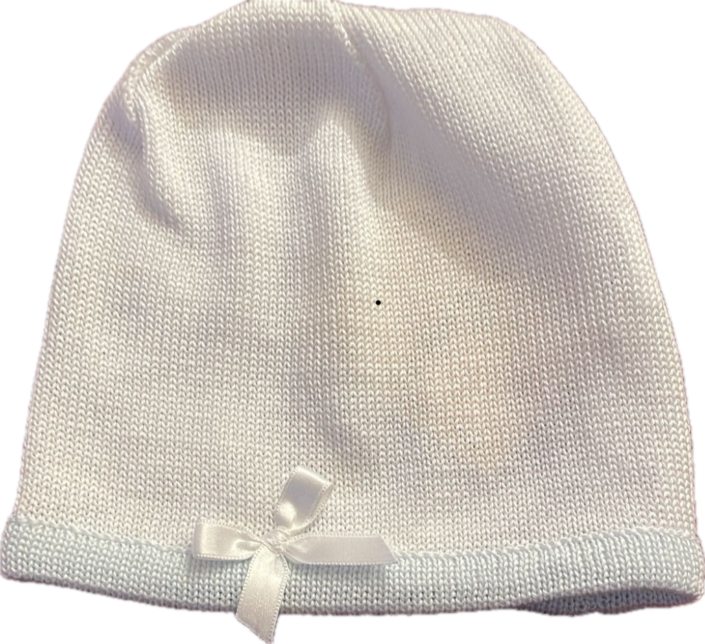 Ladia Baby Boy's White Fine Cotton Hat With Pale Blue Trim & Ribbon