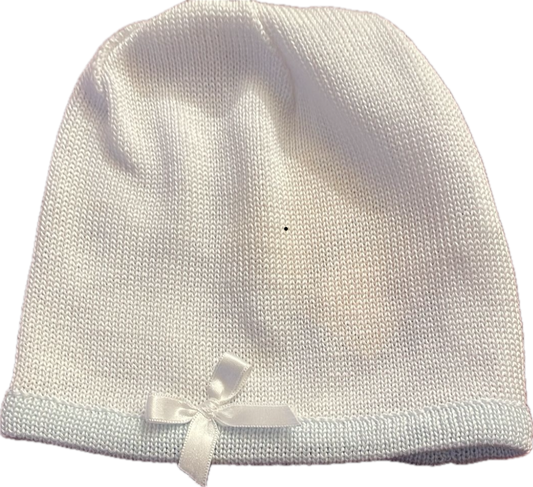 Ladia Baby Boy's White Fine Cotton Hat With Pale Blue Trim & Ribbon