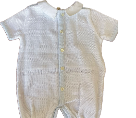 Ladia Baby Boy's Pale Blue/White Short Sleeve Romper With Diamonte Train & Lace