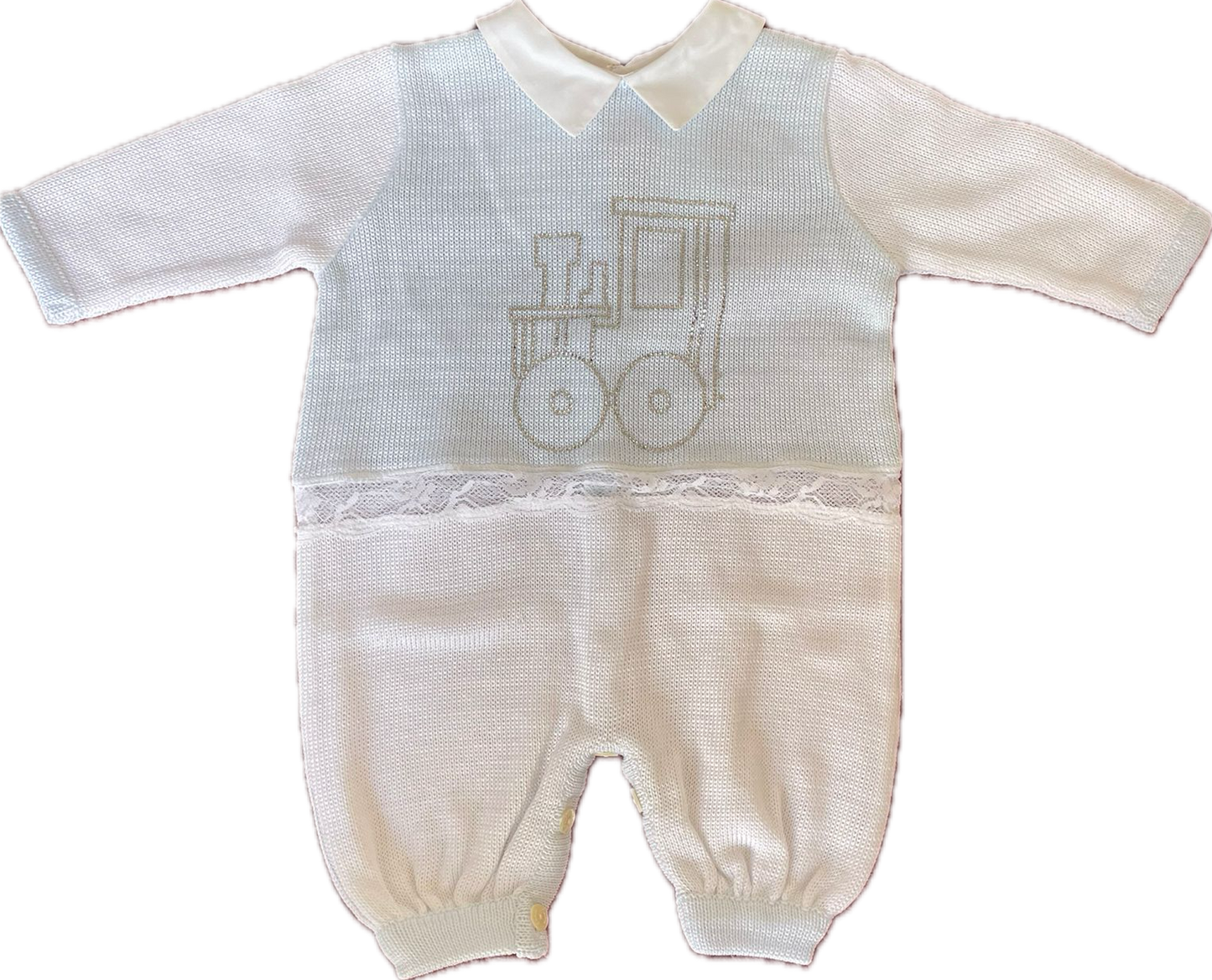 Ladia Baby Boy's Pale Blue Long Sleeve Romper With Diamonte Train On Front