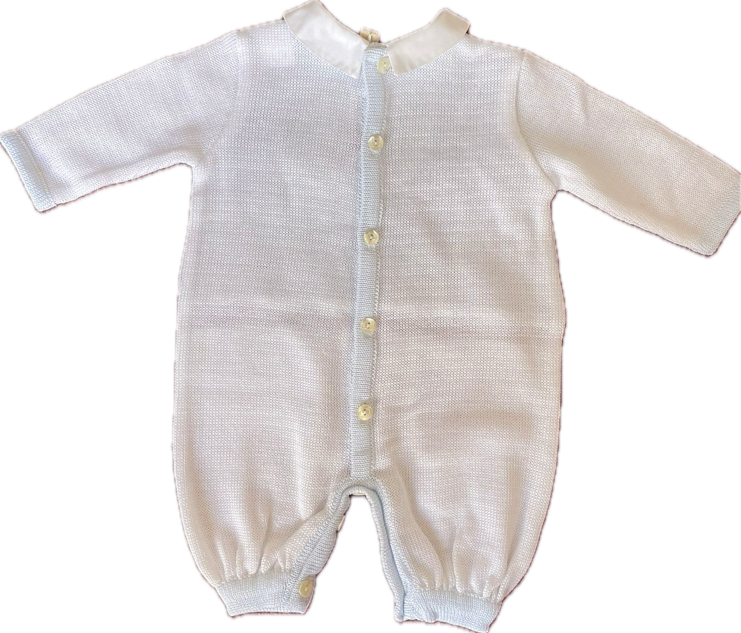 Ladia Baby Boy's Pale Blue Long Sleeve Romper With Diamonte Train On Front