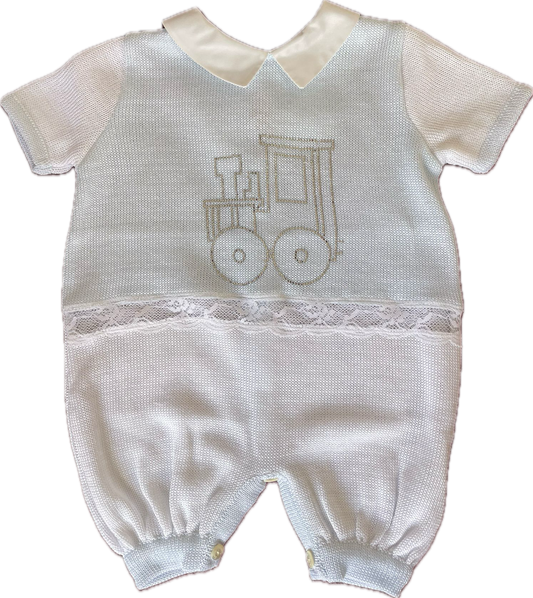 Ladia Baby Boy's Pale Blue/White Short Sleeve Romper With Diamonte Train & Lace