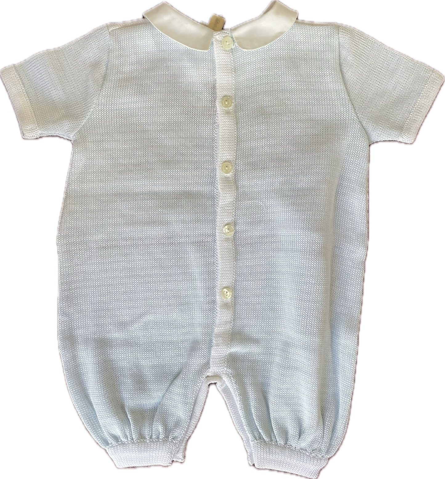 Ladia Baby Boy's White/Pale Blue Short Sleeve Romper With Diamonte Train & Lace