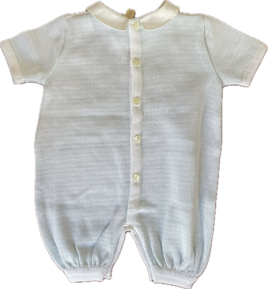 Ladia Baby Boy's White/Pale Blue Short Sleeve Romper With Diamonte Train & Lace