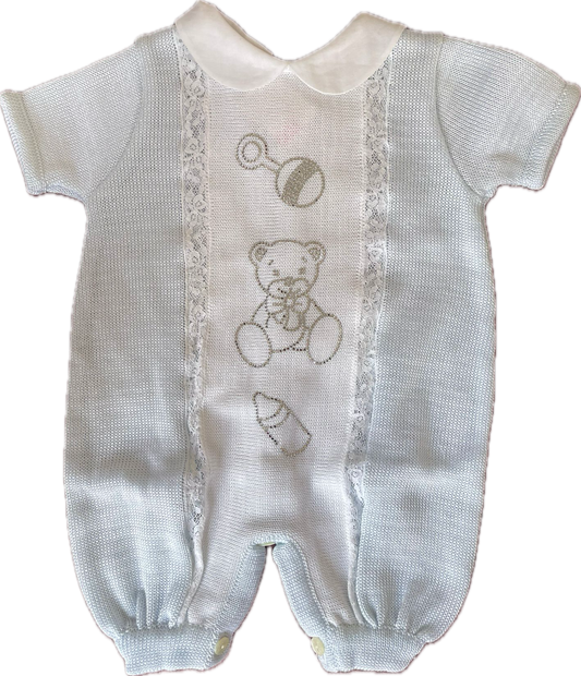 Fine Cotton Knit Short Sleeve Romper with Diamonte teddy rattle & bottle design with lace panels