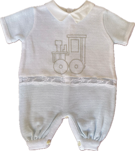 Ladia Baby Boy's White/Pale Blue Short Sleeve Romper With Diamonte Train & Lace