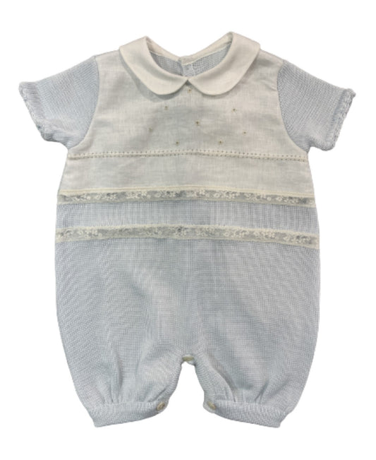 Ladia Baby Boy's Pale Blue Short Sleeve Romper With Embroidery & Lace