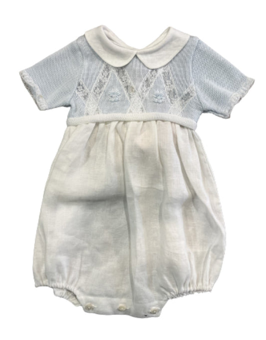 Ladia Baby Boy's Pale Blue Short Sleeve Linen & Knit Romper With Embroidery & Lace