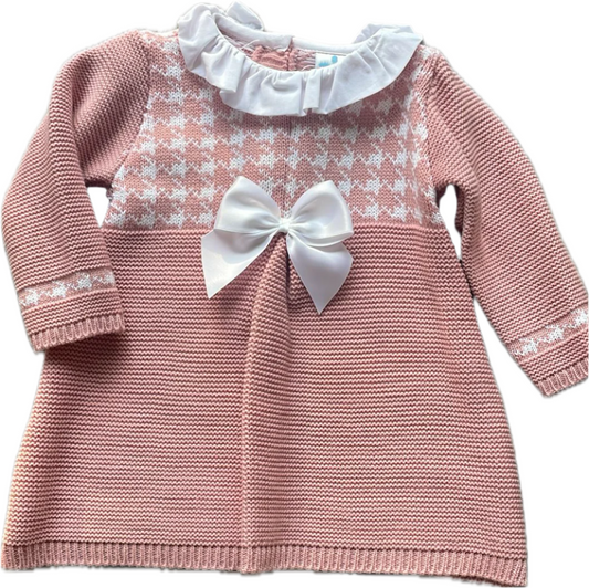 Sardon Baby Pink and White Knitted Dress With Bow