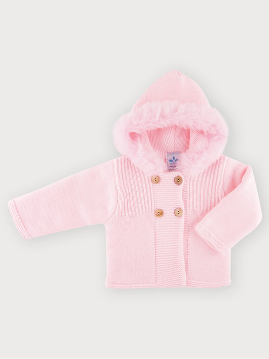 Sardon Baby Girls Pink Knitted Jacket With Fur Hood