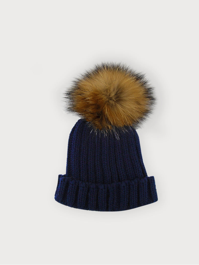 Sardon Girl's Navy Knitted Hat With Fur Pom-Pom