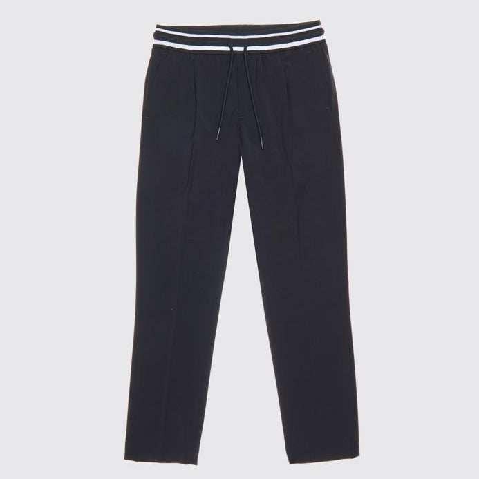 Boy's smart black trousers with black and white stripe elasticated waiste