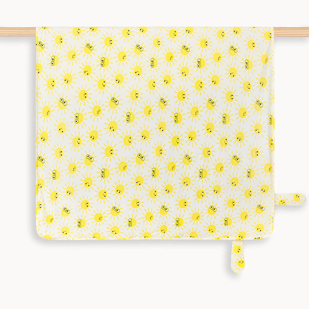 organic cotton swaddle blanket with yellow sunshine print