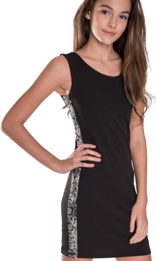 Cheryl Girl's Black Party Dress With Snake Print Velour