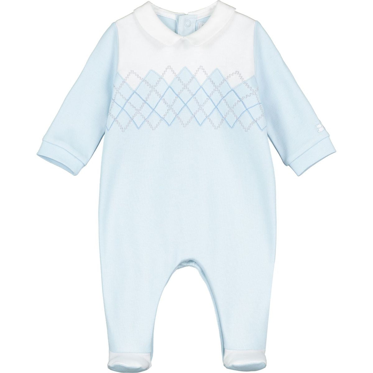 baby boys pale blue footed babygrow with argyle embroidery and white collar