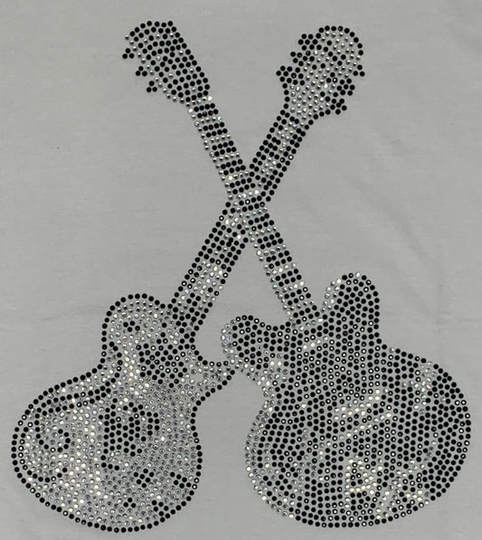 Boys White T-Shirt With Black & Silver Diamonté Guitars On Front