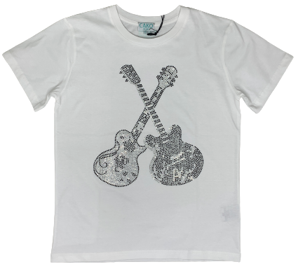 Cako Boy's White T-Shirt With Silver & Black Guitars