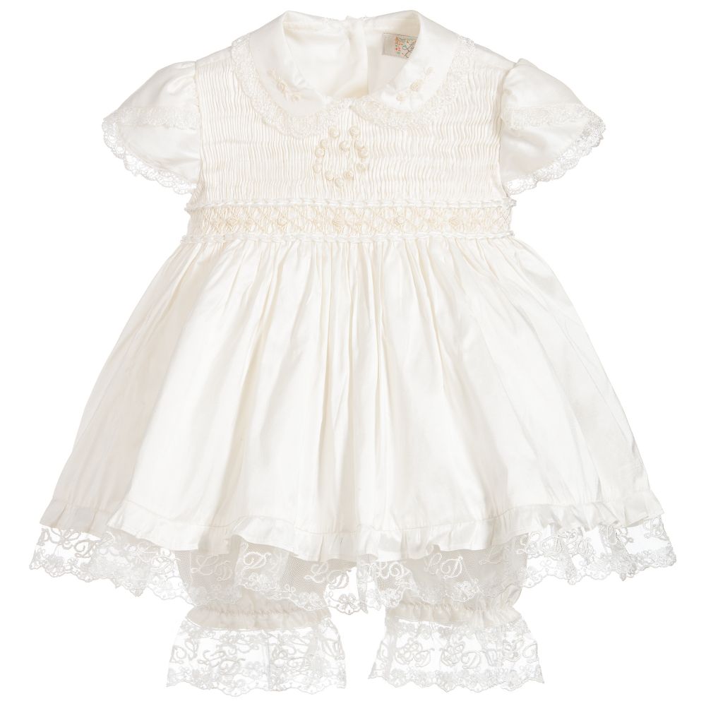 Little Darlings Baby Girl's Ivory Silk Christening Dress, Bloomers & Bonnet