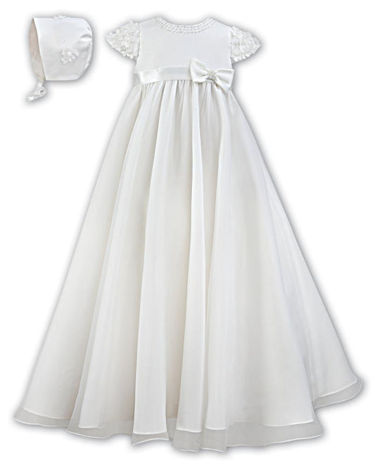 Ivory full length christening gown with bow and flower detail sleeves