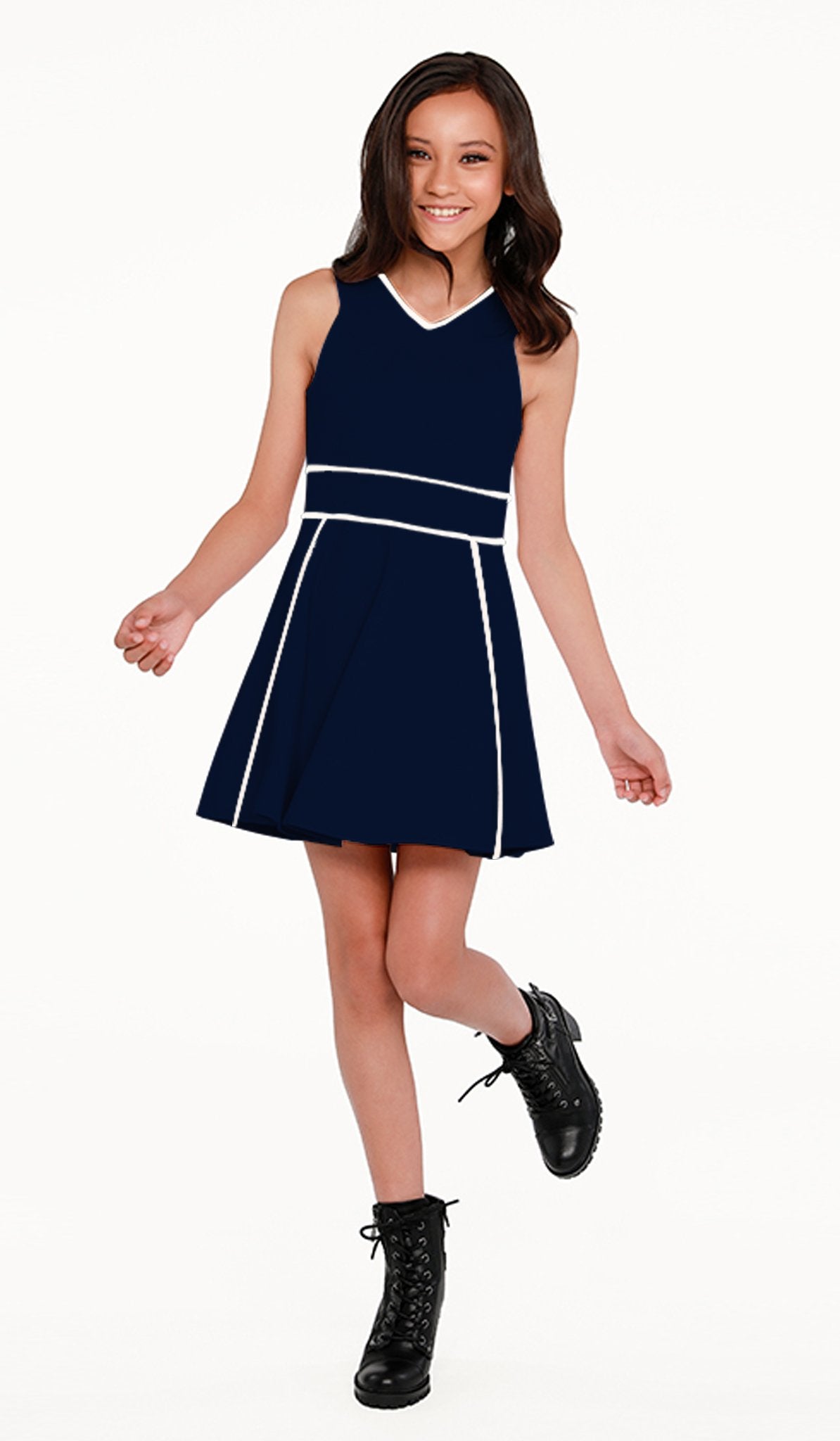Sally Miller Girl's Navy V Neck Fit and Flare Dress with Ivory Piping