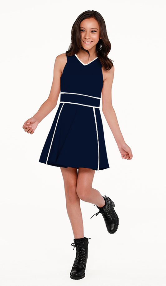 Sally Miller Girl's Navy V Neck Fit and Flare Dress with Ivory Piping