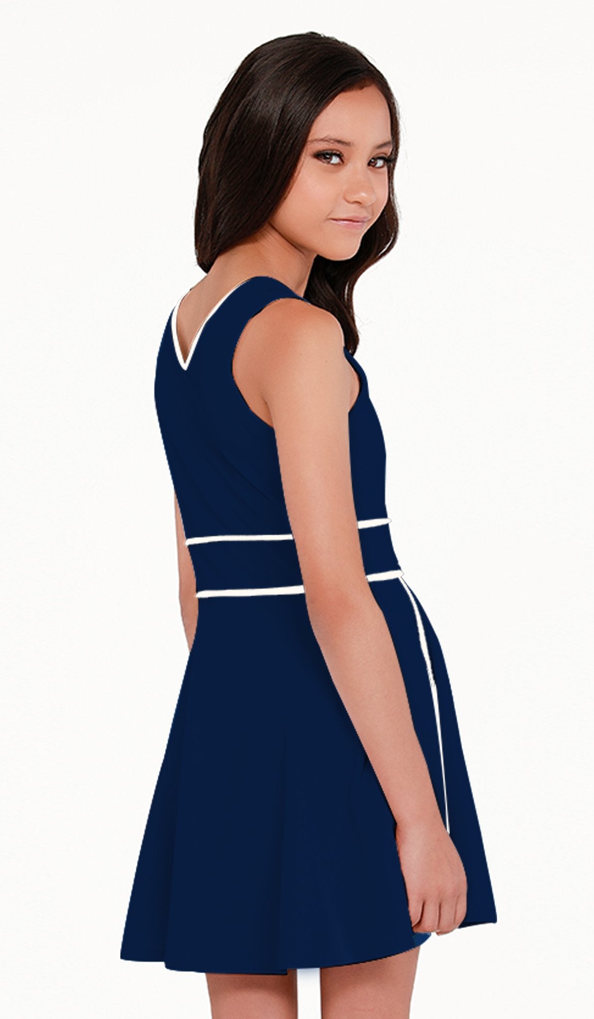 Sally Miller Girl's Navy V Neck Fit and Flare Dress with Ivory Piping