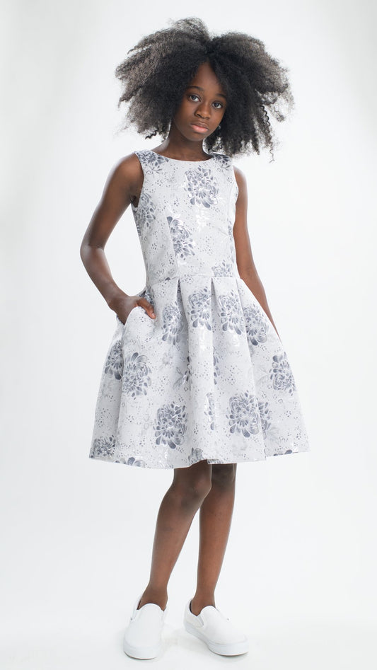 Zoe Ltd Girl's Silver Brocade Fit and Flare Party Dress