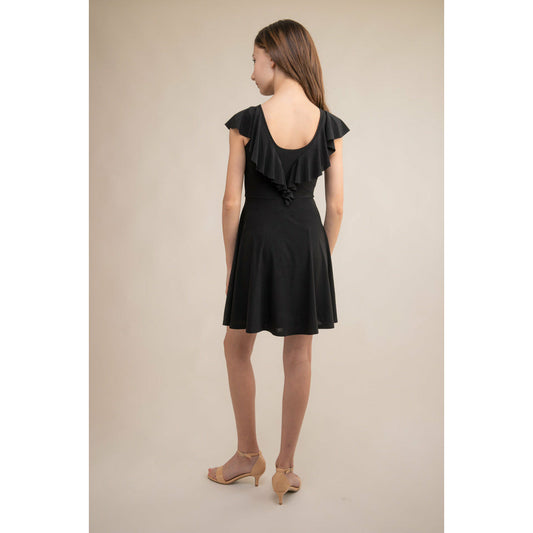 Un Deux Trois Girl's Black Flutter Sleeve Skater Dress