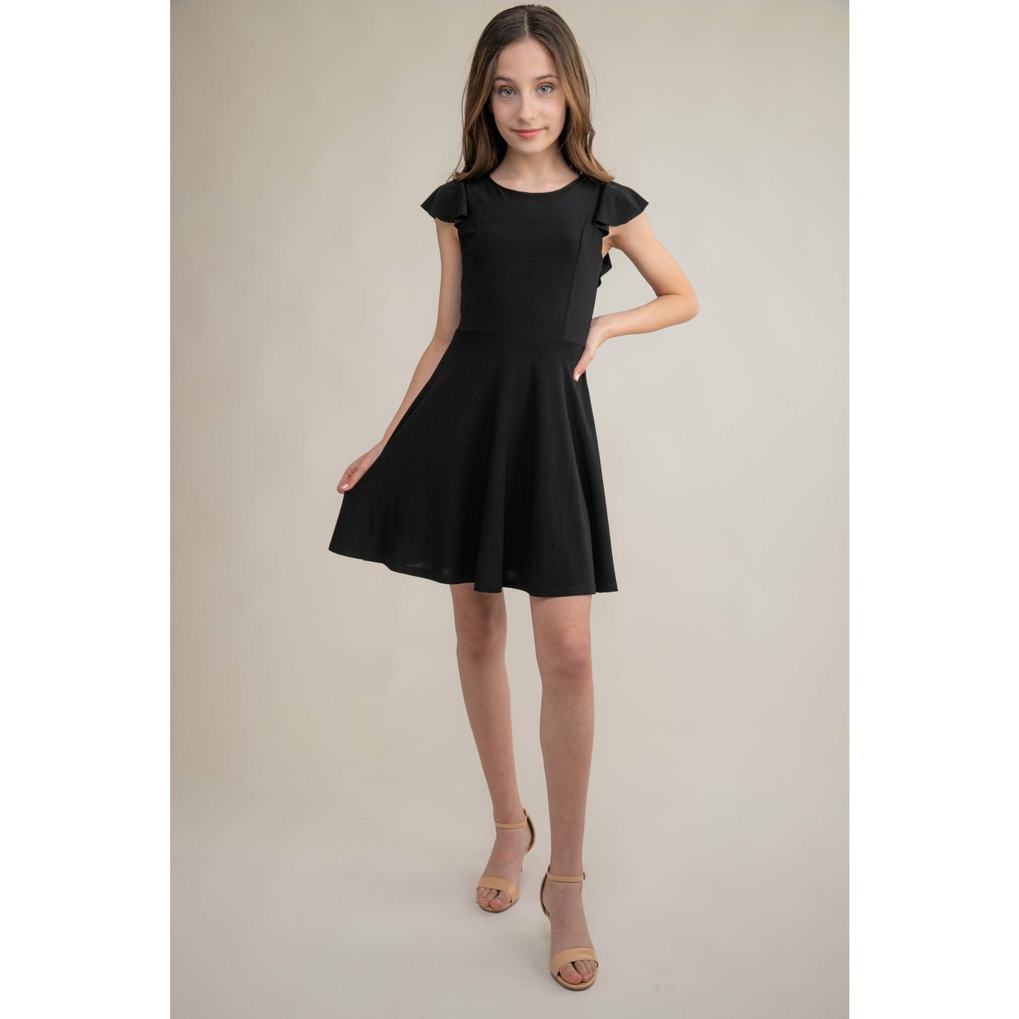Un Deux Trois Girl's Black Flutter Sleeve Skater Dress