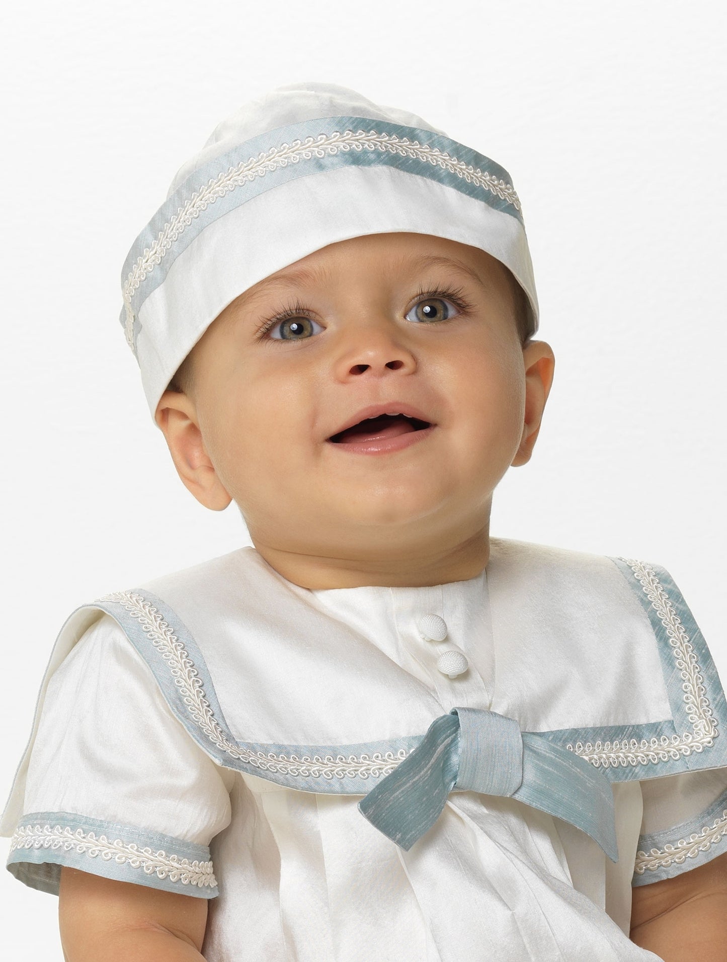 Sarah Louise Baby Boy's Ivory & Blue Silk Christening Romper & Hat