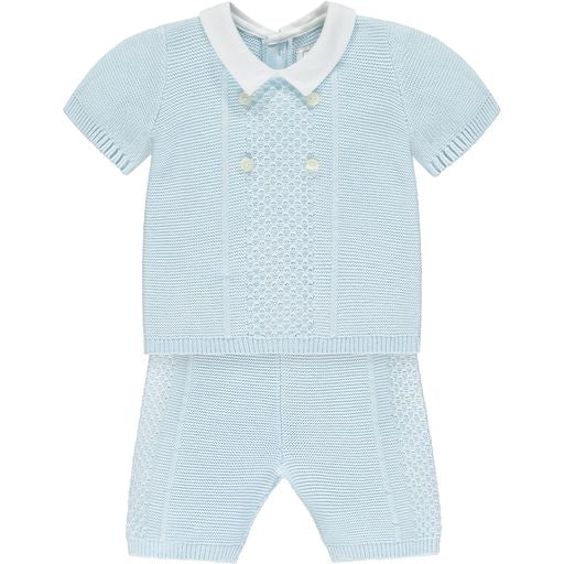 Pale blue fine knitted top and shorts with a honeycomb textured knit down the front and the sides of each leg. Teamed with a white cotton collar and button details.