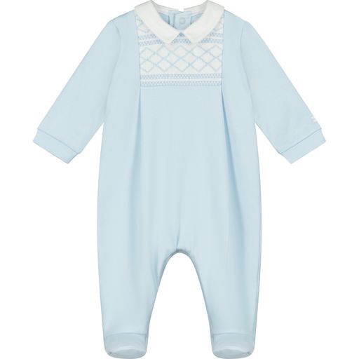 pale blue cotton baby grow with embroidery and white collar