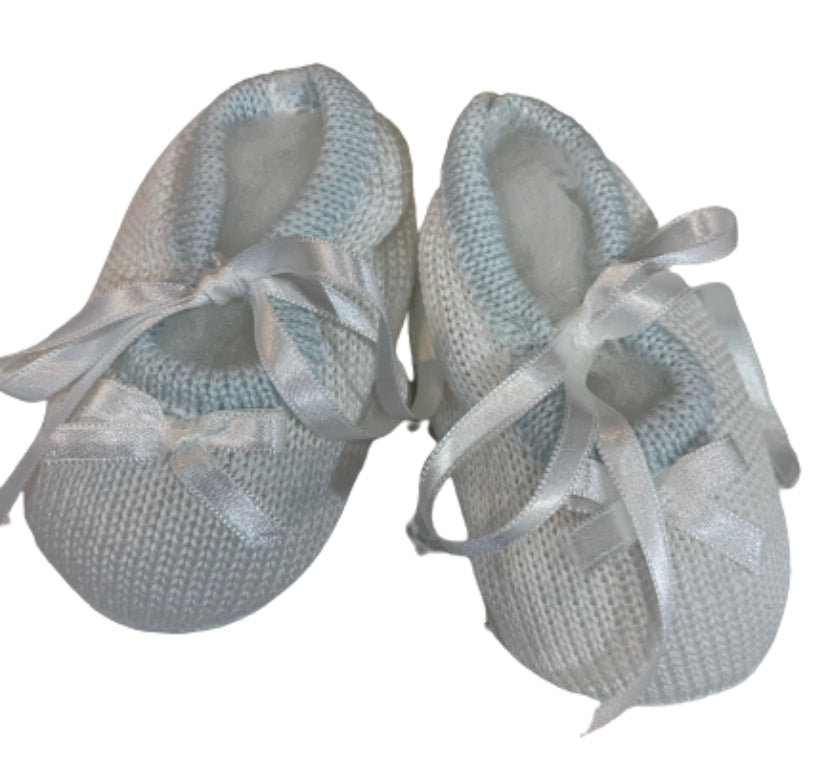 Ladia Baby Boy's White Cotton Booties With Pale Blue Trim & Ribbons