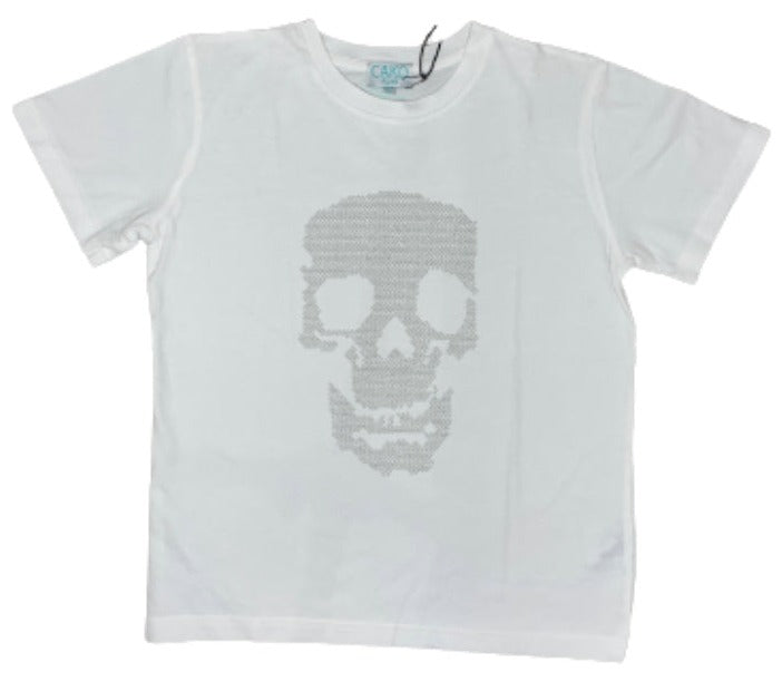 White T-Shirt With Silver Studded Skull On Front