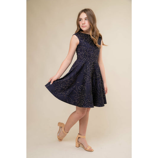 Un Deux Trois Girl's Navy & Gold Jacquard Party Dress