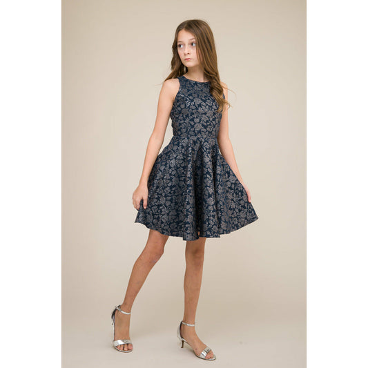 Un Deux Trois Girl's Navy & Silver Floral Jacquard Dress