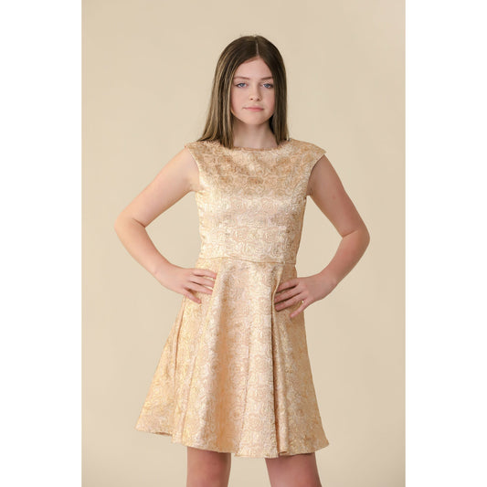 Un Deux Trois Girl's Rose Gold Jacquard Party Dress